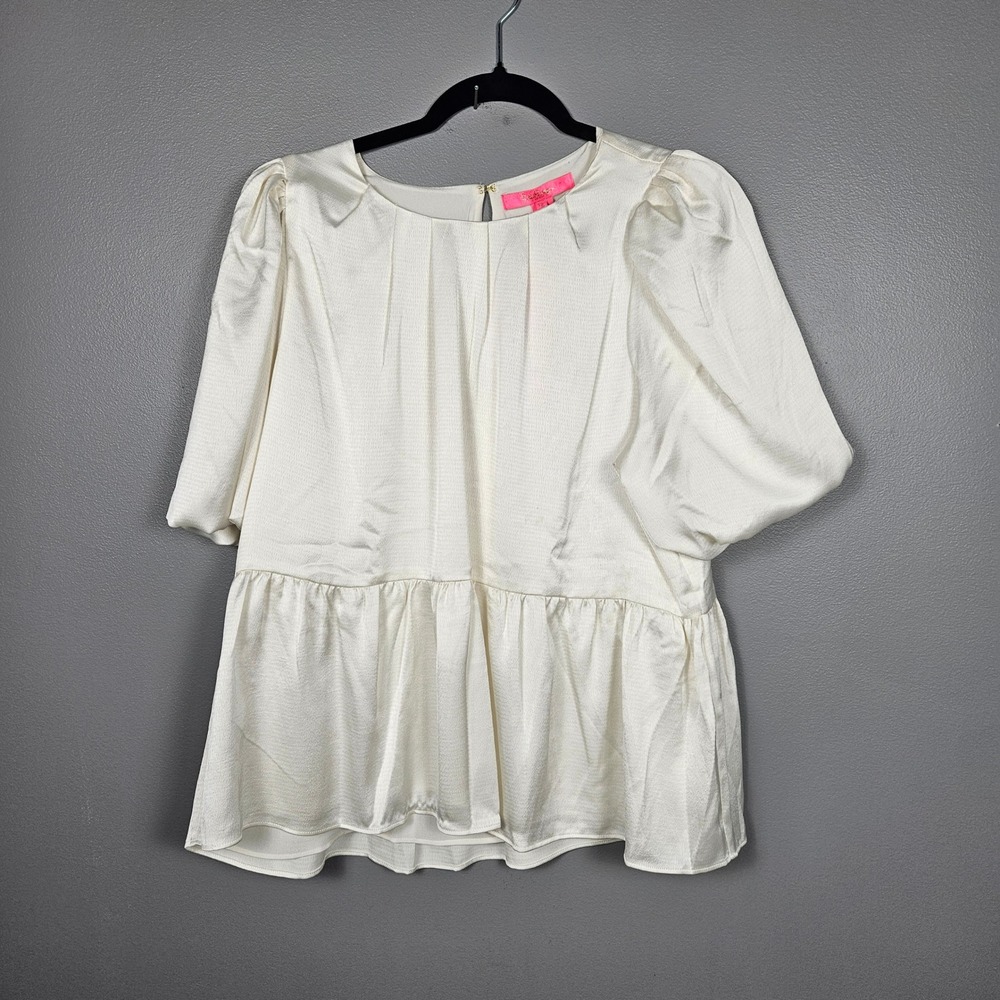 Lilly Pulitzer Womens 12 Blakelynn Peplum‎ Top Elbow Sleeve Ivory NWT